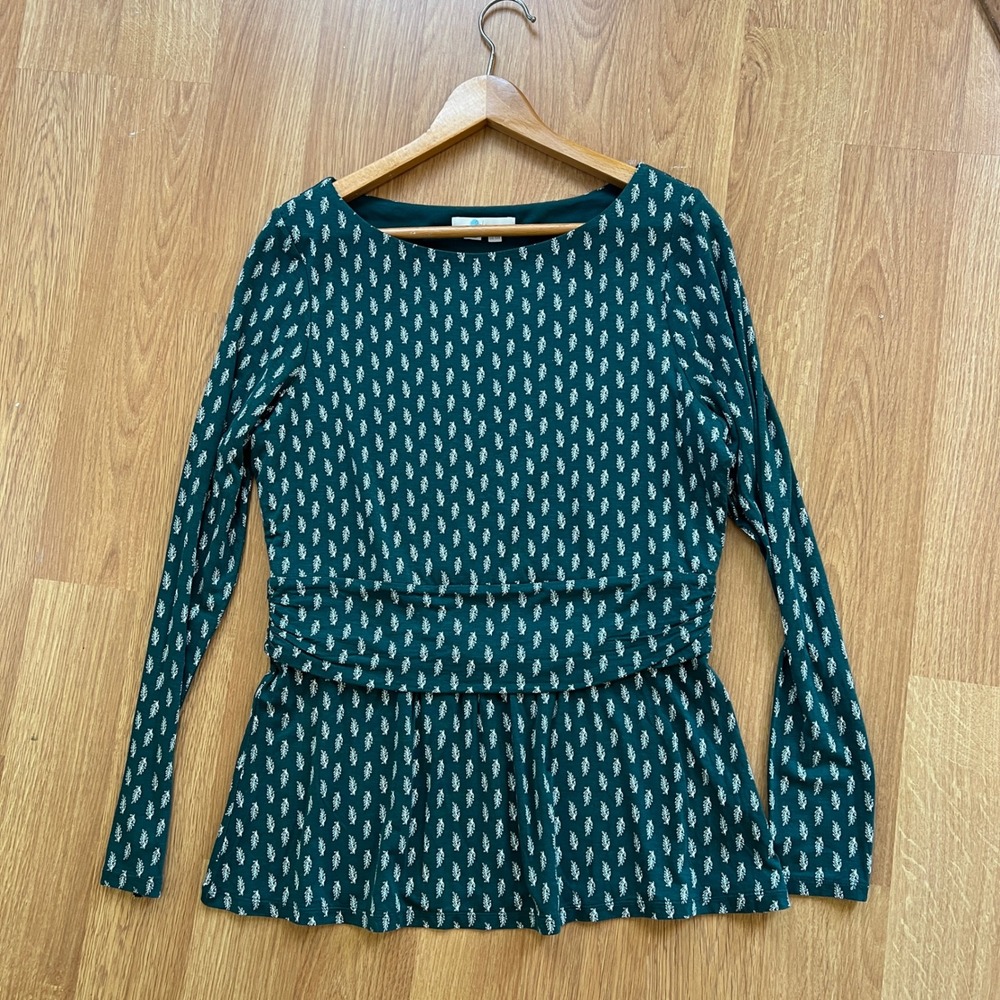 Boden Womens Green Leaf Print Peplum Top Long‎ Sleeve Jersey Blouse Preppy Soft